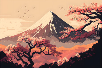 sakura trees by the mountains sunshine in the background, Generative AI