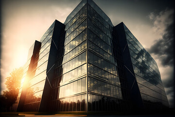 Glass building with modern and dark look at sunset, Generative AI