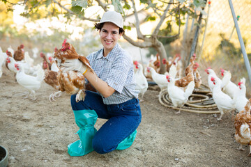 Adult experienced latin woman holding chickens in chicken farm © JackF