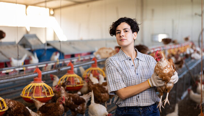 Adult experienced latin woman holding chickens in chicken farm © JackF