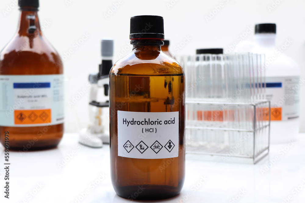 Poster hydrochloric acid in bottle , chemical in the laboratory and industry