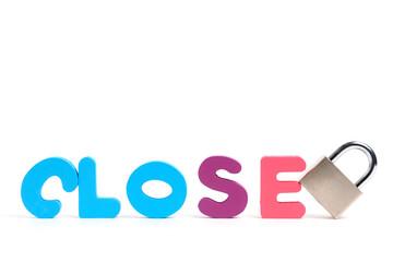 Word close is made in multicolored letters white background and closed padlock.