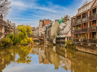 Beautiful colorful buildings and Karls bridge on Pegnitz river in Nuremberg, Germany