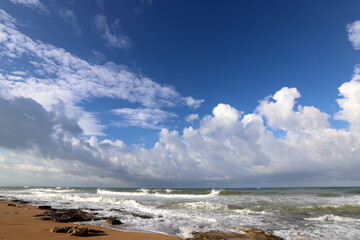 Rain clouds in the sky over the Mediterranean Sea in northern Israel.