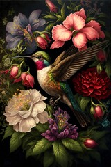 Bird on a flowers. Incredible cover art. Generated AI image
