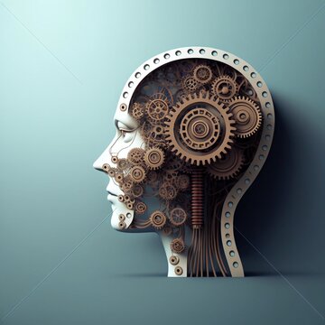 Dark psychology concept. Brain manipulation. Mechanical valves in the head. Generated AI image