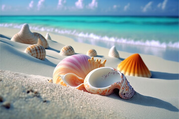 Fototapeta na wymiar sea shells on sand beach, maldives