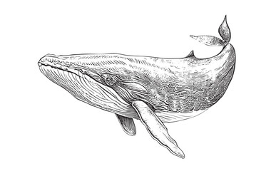 Whale sketch hand drawn underwater world vector illustration - obrazy, fototapety, plakaty