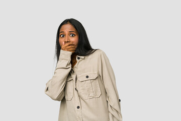 Young Indian woman cut out isolated on white background scared and afraid.