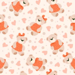 Fototapeten Seamless pattern of cute teddy bears and colorful hearts on a light background. Vector © Elena