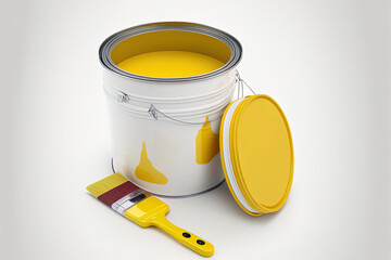 Painting brush tool and a yellow paint can bucket color container art are used for house remodeling design and are isolated on a white background. Generative AI