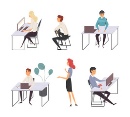 Set of office employees. Business people in formal clothes working at computers in office cartoon vector illustration