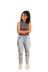 Young african american woman with curly hair cut out isolated smiling confident with crossed arms.