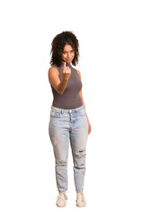 Young african american woman with curly hair cut out isolated pointing with finger at you as if inviting come closer.