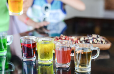 colorful hot and cold teas in a Turkish pastry shop as a treat for tourists