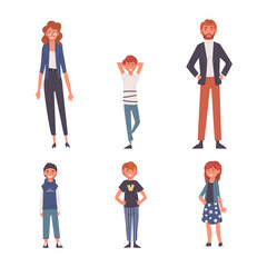 Happy people in modern casual outfit set. Full length of man, woman and children cartoon vector illustration