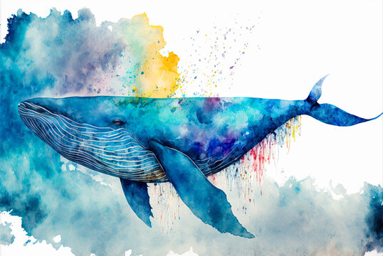 Blue whale watercolor painting. Generative AI