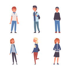 Happy teenagers in modern casual outfit set cartoon vector illustration