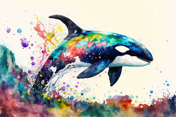 Orca watercolor painting. Generative AI - obrazy, fototapety, plakaty