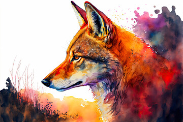 Red wolf watercolor painting. Generative AI