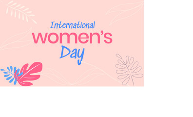 International Women's Day text on pink and flowers background.