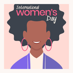 Portrait of black woman with afro hair and text International women´s day.