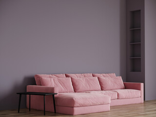Living hall with dark purple walls and a pink sofa. Beautiful colors, built-in shelves and a table. Empty blank walls and interior design room. 3d rendering