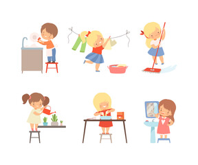 Little independent children set. Boys and girls washing, dishes, hanging clothes out to dry, mopping floor, watering plants and cooking cartoon vector illustration