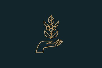 Obraz premium Hand holding a sprout of a coffee tree with coffee fruits. Line drawing. Can be used to design coffee house logos, packaging, and label. Vector illustration on a dark background.