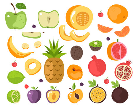 Fruit full and half cut isolated set. Summer salad ingredient concept. Vector design graphic illustration
