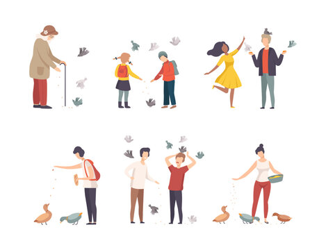 Different people feeding pigeons and ducks while walking in park set cartoon vector illustration