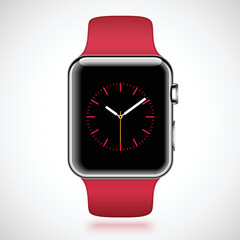 Modern shiny smart watch with red sport band and red digital dial on screen isolated on white background