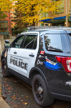 A police utility vehicle operated by the Royal Canadian Mounted Police RCMP. Police car stopped on a street of Vancouver