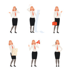Fototapeta premium Set of businesswoman taking part in business activities. Office employee shouting at loudspeaker, talking on phone, carrying heavy stak of documents cartoon vector
