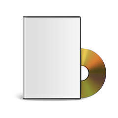 Vector 3d Realistic Golden CD, DVD with Plastic Cover, Envelope, Case Isolated. CD Box, Packaging Design Template for Mockup. Compact Disk Icon, Front View
