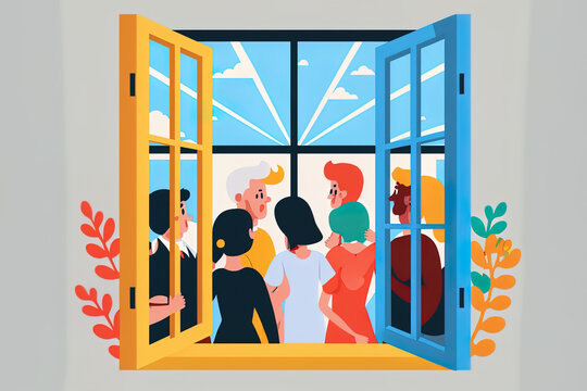 Through open home windows, neighbors assist and share with one another. idea of a friendly community, togetherness, and mutual assistance. Colored flat image on a white background. Generative AI