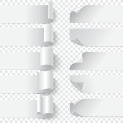 Set of curled blank paper banners with shadows on white background