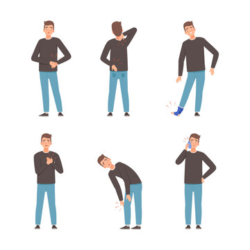 Man feeling pain in body caused by illness or injury set. Man suffering from toothache, headache, backache, pain in knee cartoon vector illustration
