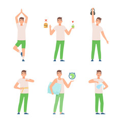 Positive healthy lifestyle. Man meditating, doing sports, drinking fresh water, eating healthy organic food cartoon vector illustration