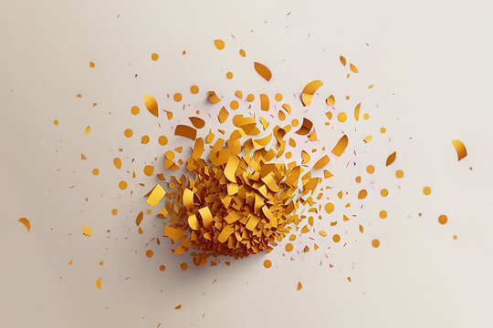 Explosion of confetti on a clear background. Paper fragments in shiny, glossy gold fly and disperse everywhere. Surprise explosion for decorations for holidays, carnivals, casinos, parties, birthdays