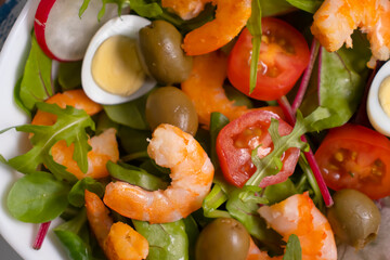 Salad with shrimps, tomatoes in a plate