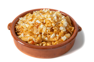 A clay bowl with macaroni, topped with chopped hard-boiled egg. Isolated on white background. For menu card.