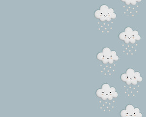 Baby Shower Vector Illustration with Cute Kawaii Clouds on a Light Blue Background. Fluffy Smiling Clouds on a Pastel Layout. Sweet Nursery Print. No Text.