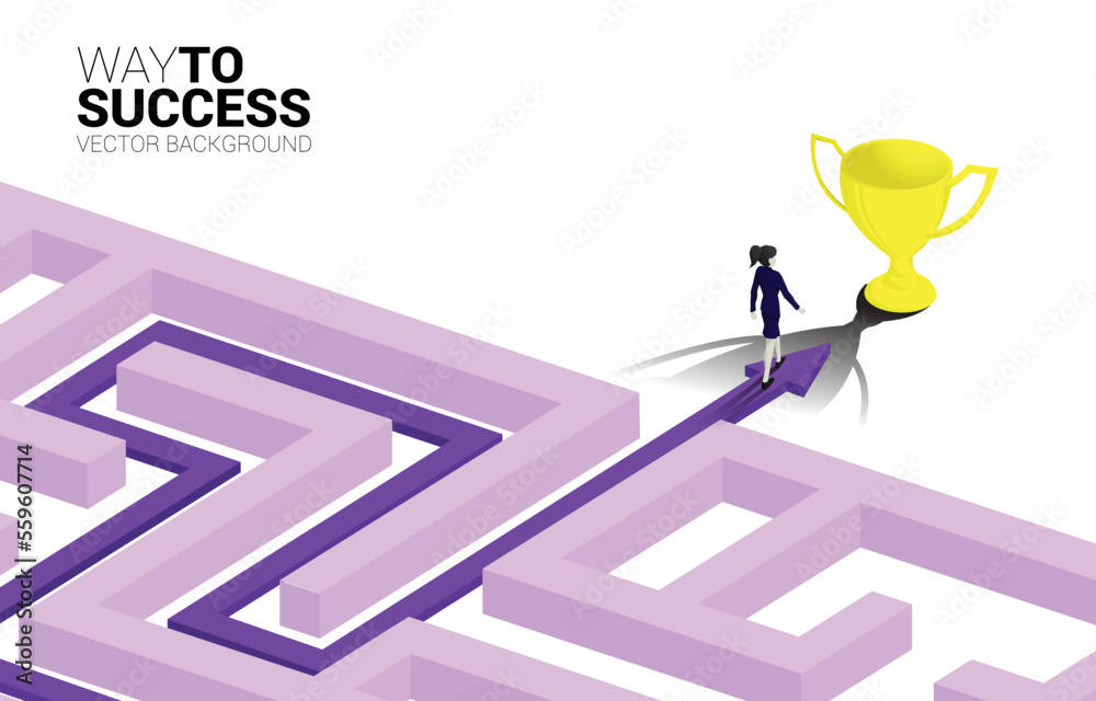Aufkleber Silhouette of Businessman and businesswoman walk on Arrow with route path to exit the maze to golden trophy. Business concept for problem solving and solution strategy