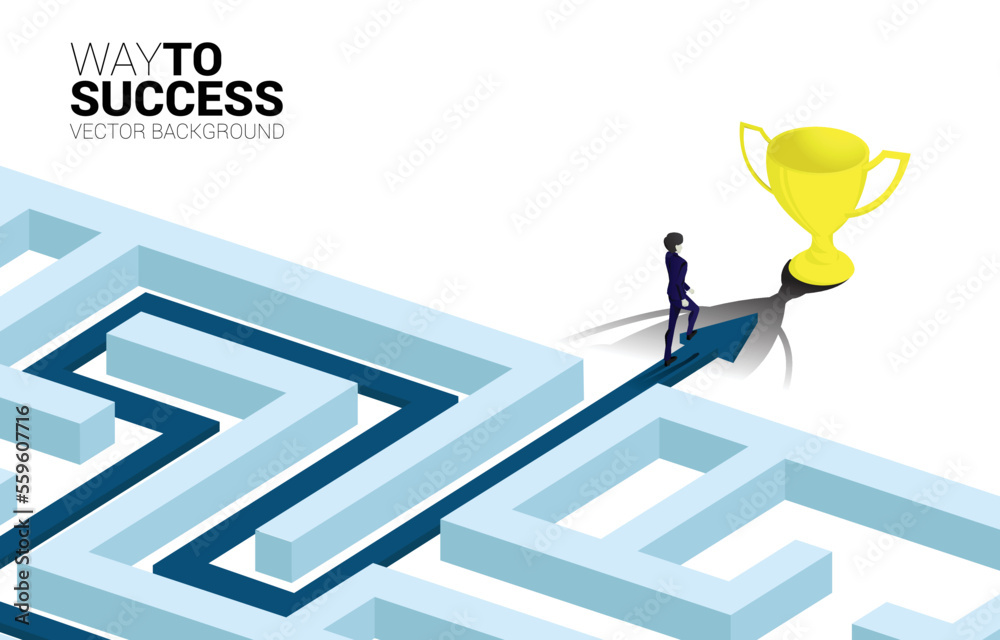 Poster Silhouette of Businessman walk on Arrow with route path to exit the maze to golden trophy. Business concept for problem solving and solution strategy