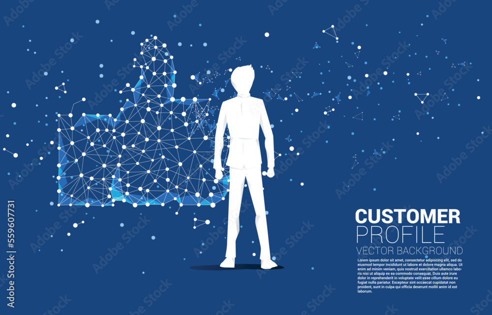 Poster silhouette of businessman standing with thumb up icon from dot connect line polygon network. concept