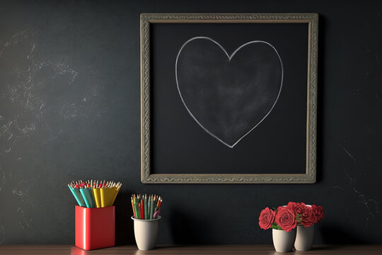 Wall mounted blackboard with a heart shape. Generative AI