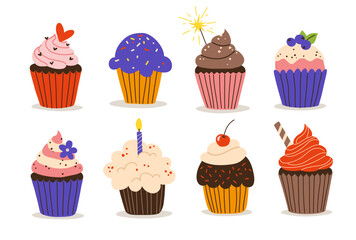 Cupcakes and muffins vector illustrations set.