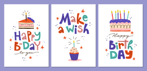 Three Birthday cards with hand drawn lettering and cakes.