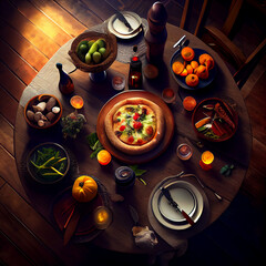 A scene with table full of food in dramatic lighting, generative ai